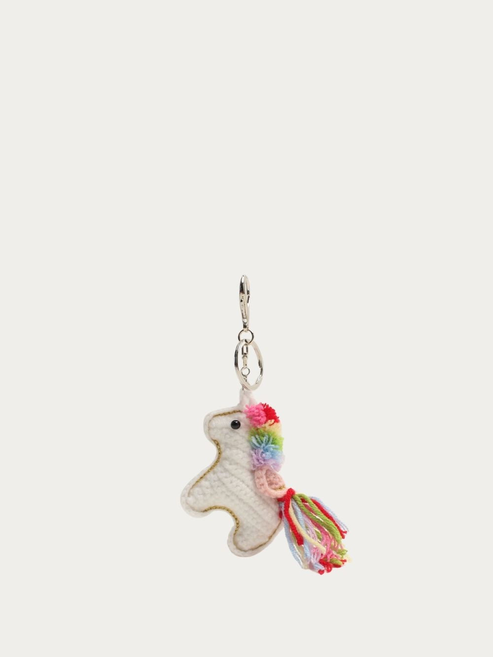 Bijou de sac Licorne au crochet écrue avec crinière et queue multicolores