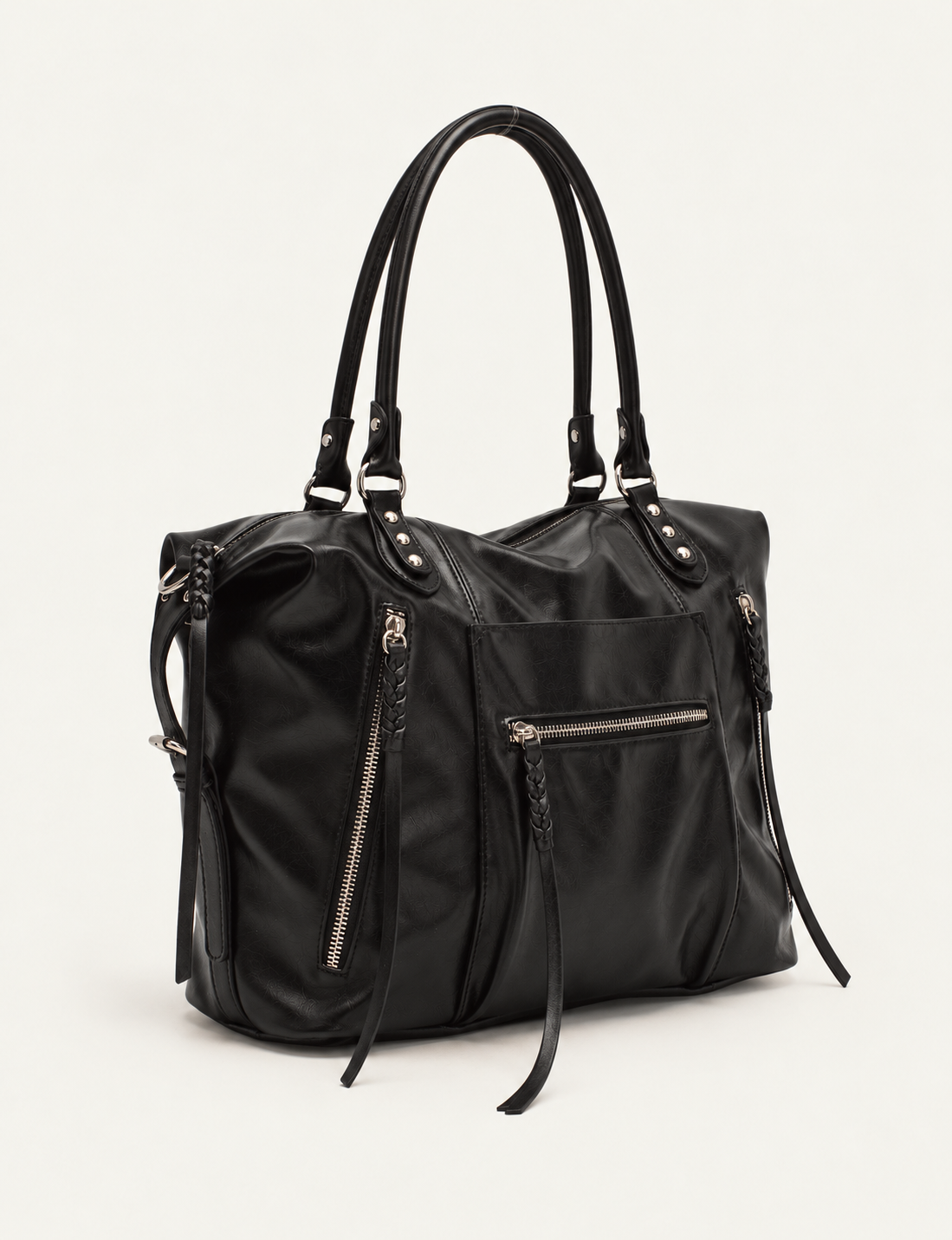 Sac Mimosa noir Bestini Paris, vue de trois quarts avec zips argentés et longues tirettes