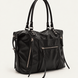 Sac Mimosa noir Bestini Paris, vue de trois quarts avec zips argentés et longues tirettes