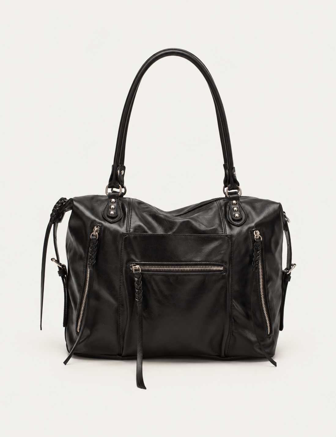 Sac Mimosa noir Bestini Paris, vue de face avec doubles anses et poche avant zippée