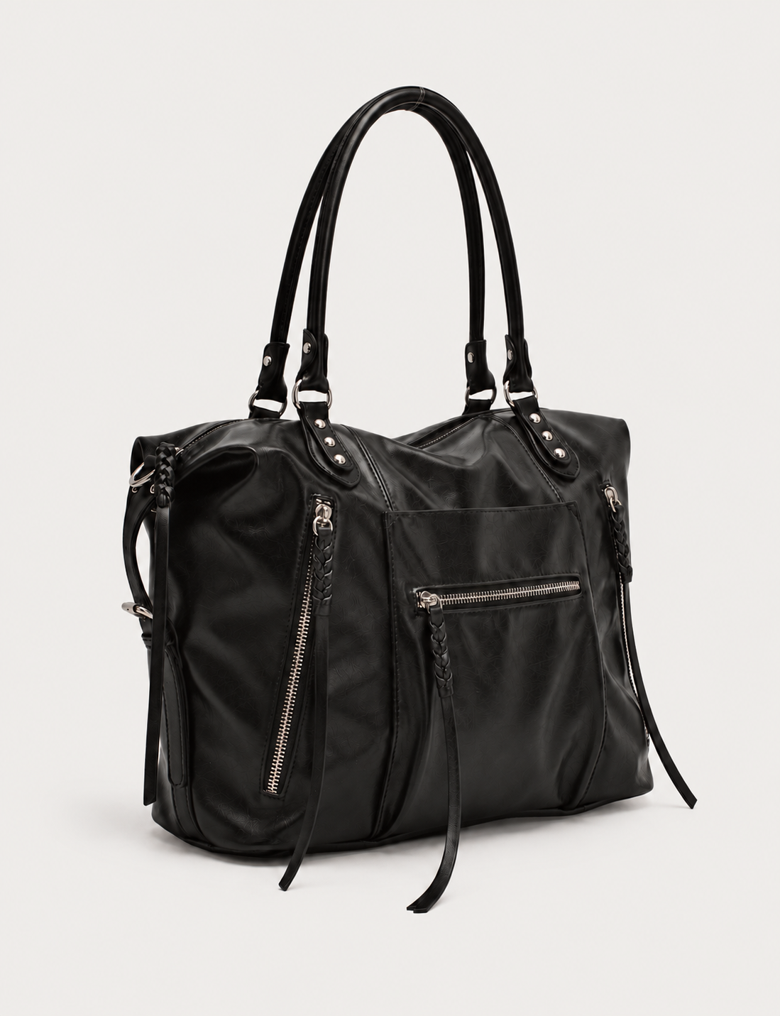 Sac Mimosa noir Bestini Paris, vue de trois quarts avec zips argentés et longues tirettes
